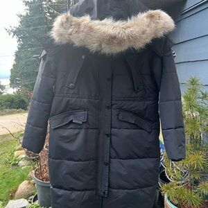 Noize Black Puffer Coat with Fur Trim
